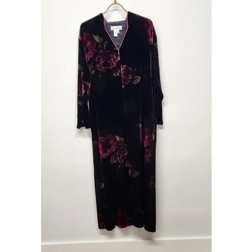 Vintage Oscar De La Rente Black Floral Velvet Long Night Gown/Dress, Size Large - Picture 1 of 11